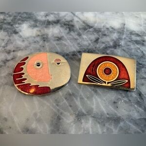 Pair Brooch De Passille Sylvestre Enamel Vintage MCM Made in Canada Face Flower
